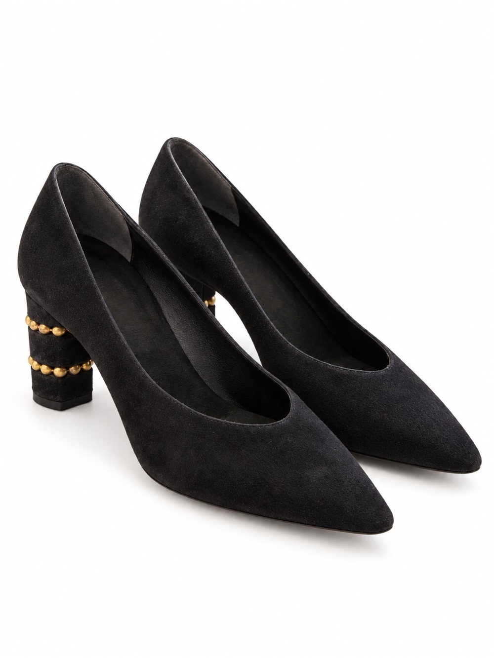 Size 8.5 Stuart Weitzman PS Beaded Black Suede Pointed Toe Gold Heel Pumps